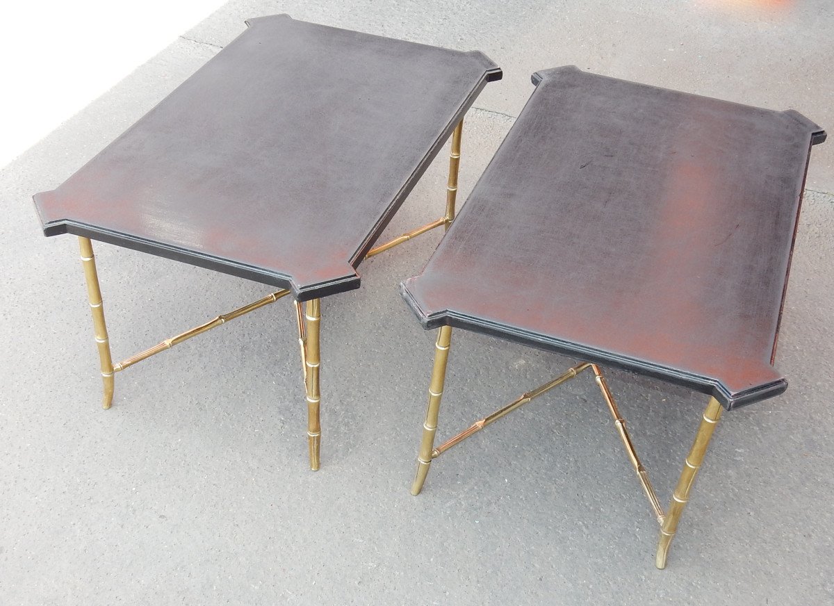 1950/70 'pair Of Bronze Sofa Ends Bamboo Model, Chinese Lacquer Tray Maison Jansen-photo-3