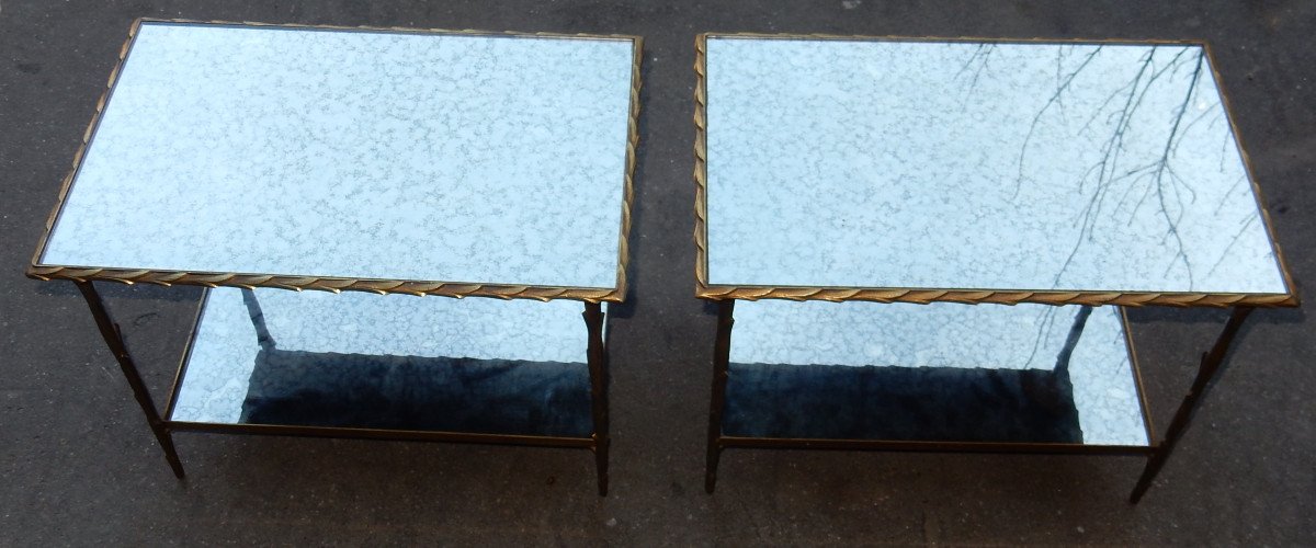 1950/70 'pair Of Gilt Bronze Sofa Ends Palm Tree Decor Maison Charles 58 X 37 Cm-photo-2