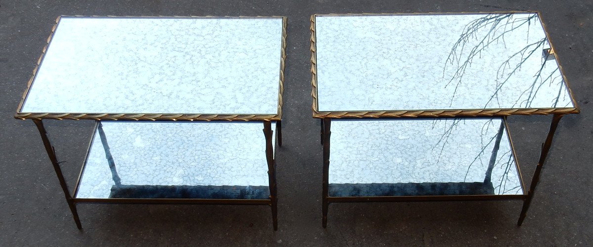 1950/70 'pair Of Gilt Bronze Sofa Ends Palm Tree Decor Maison Charles 58 X 37 Cm