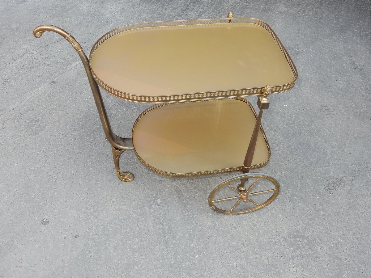 1970 ′ Rolling Bar In Bronze And Gilded Brass Maison Jansen 3 Wheels-photo-8