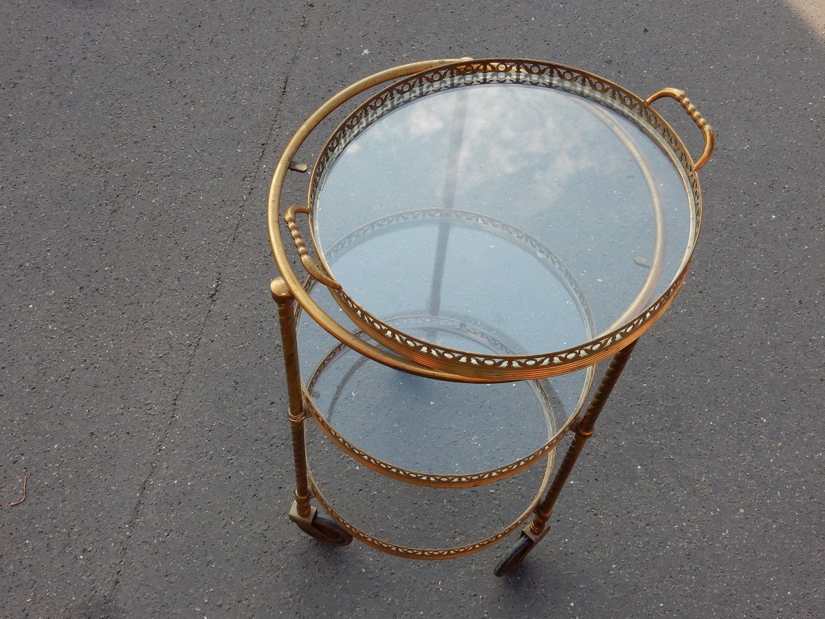 1950/70 ′ Round Gilt Bronze Rolling Trolley With 3 Trays Style Maison Bagués-photo-3