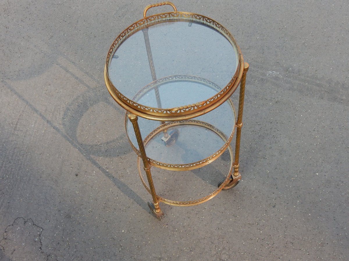 1950/70 ′ Round Gilt Bronze Rolling Trolley With 3 Trays Style Maison Bagués-photo-4