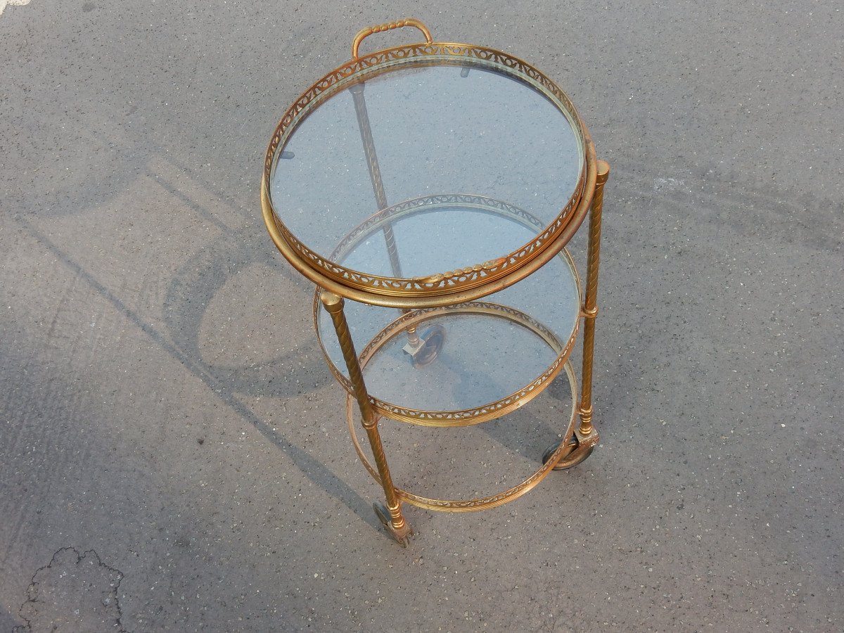 1950/70 ′ Round Gilt Bronze Rolling Trolley With 3 Trays Style Maison Bagués-photo-5