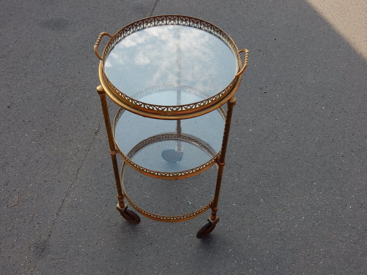 1950/70 ′ Round Gilt Bronze Rolling Trolley With 3 Trays Style Maison Bagués