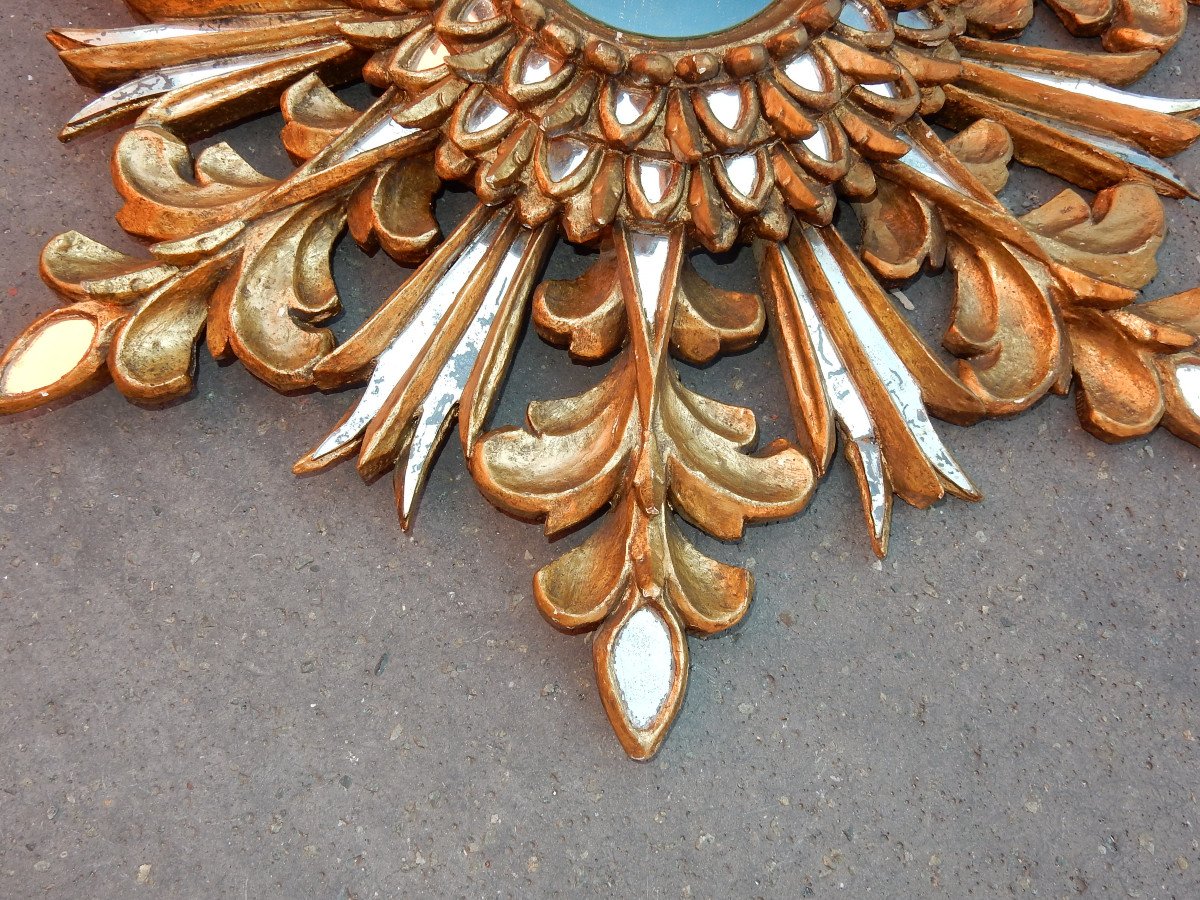 1970 ′ Sun Mirror Decor Snowflake, Golden Wood, Diameter 72 Cm-photo-3