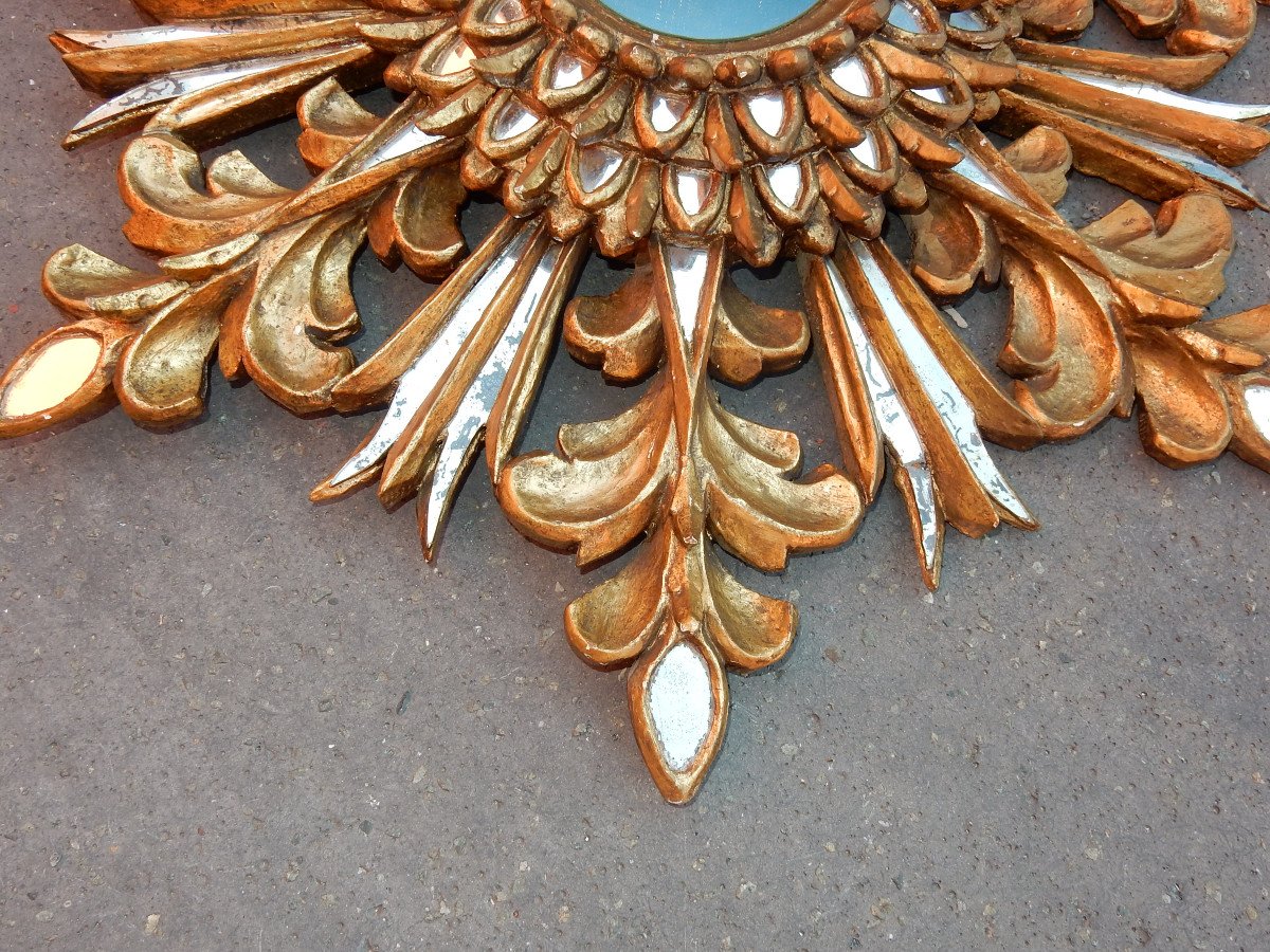 1970 ′ Sun Mirror Decor Snowflake, Golden Wood, Diameter 72 Cm-photo-3