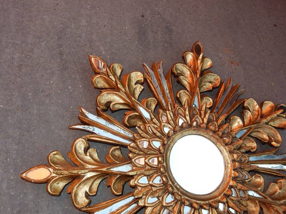 1970′ Miroir Soleil Décor Flocon De Neige, Bois Doré, Diamètre 72 Cm-photo-4