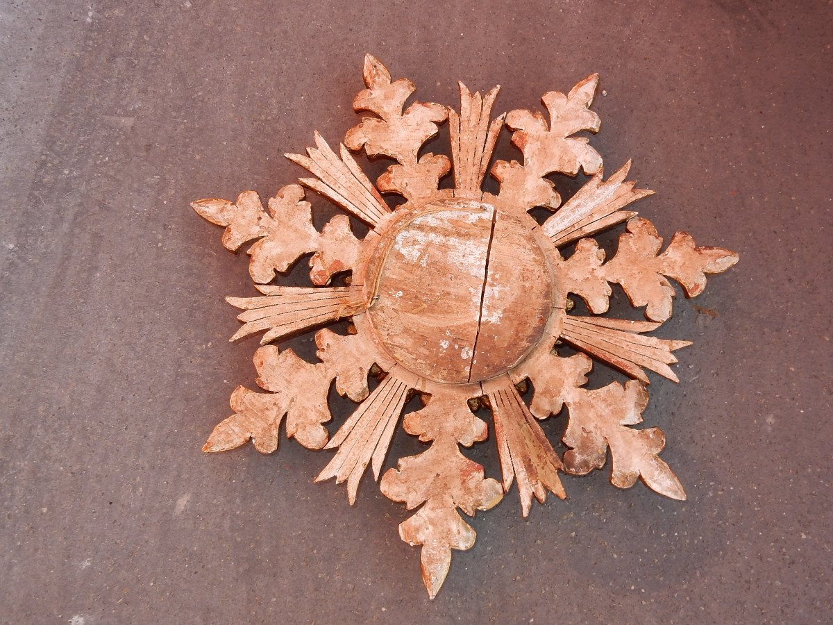 1970′ Miroir Soleil Décor Flocon De Neige, Bois Doré, Diamètre 72 Cm-photo-2