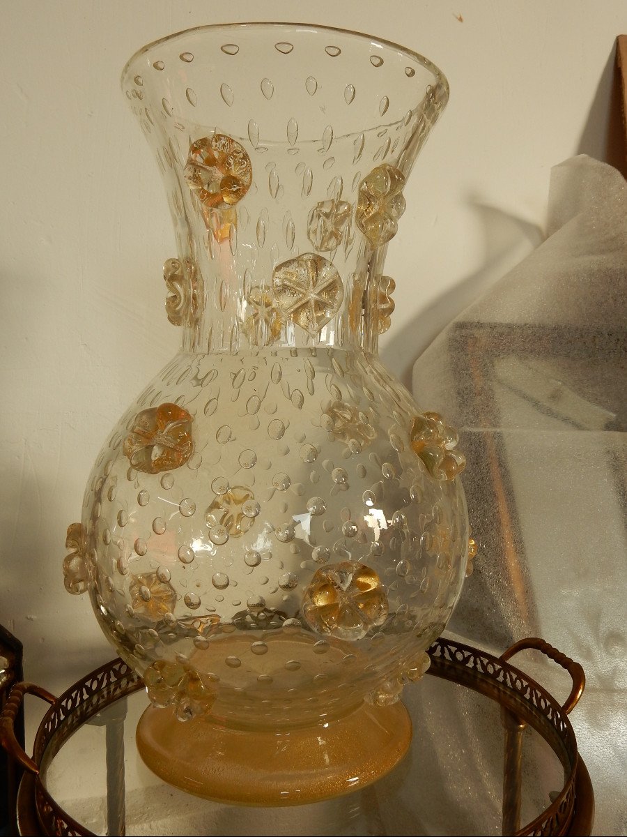 1950′ Vase Cristal Murano Style Barovier & Toso Avec Paillons D’or Non Signé-photo-4