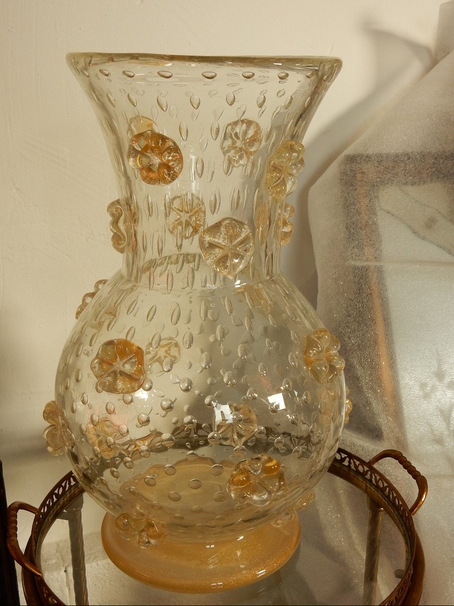 1950′ Vase Cristal Murano Style Barovier & Toso Avec Paillons D’or Non Signé