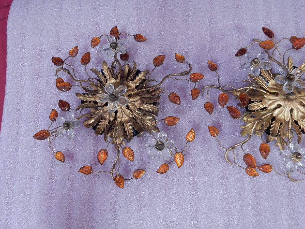 1970 ′ Pair Of Ceiling Lights Or Sconces Decorated With Flowers And Leaves Dlg M. Baguès Or Banci-photo-3