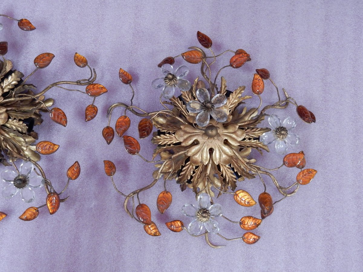 1970 ′ Pair Of Ceiling Lights Or Sconces Decorated With Flowers And Leaves Dlg M. Baguès Or Banci-photo-4