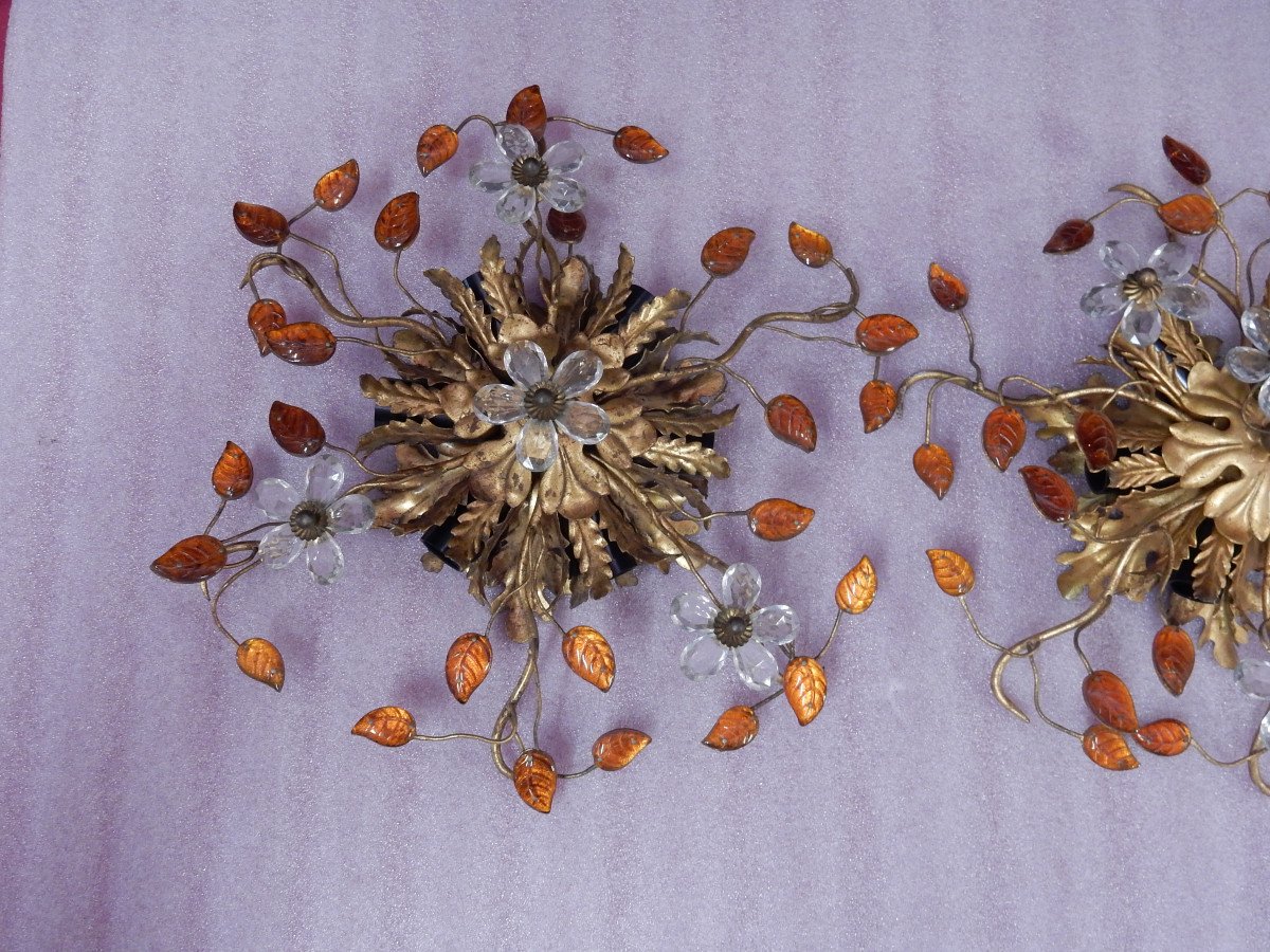 1970 ′ Pair Of Ceiling Lights Or Sconces Decorated With Flowers And Leaves Dlg M. Baguès Or Banci-photo-1