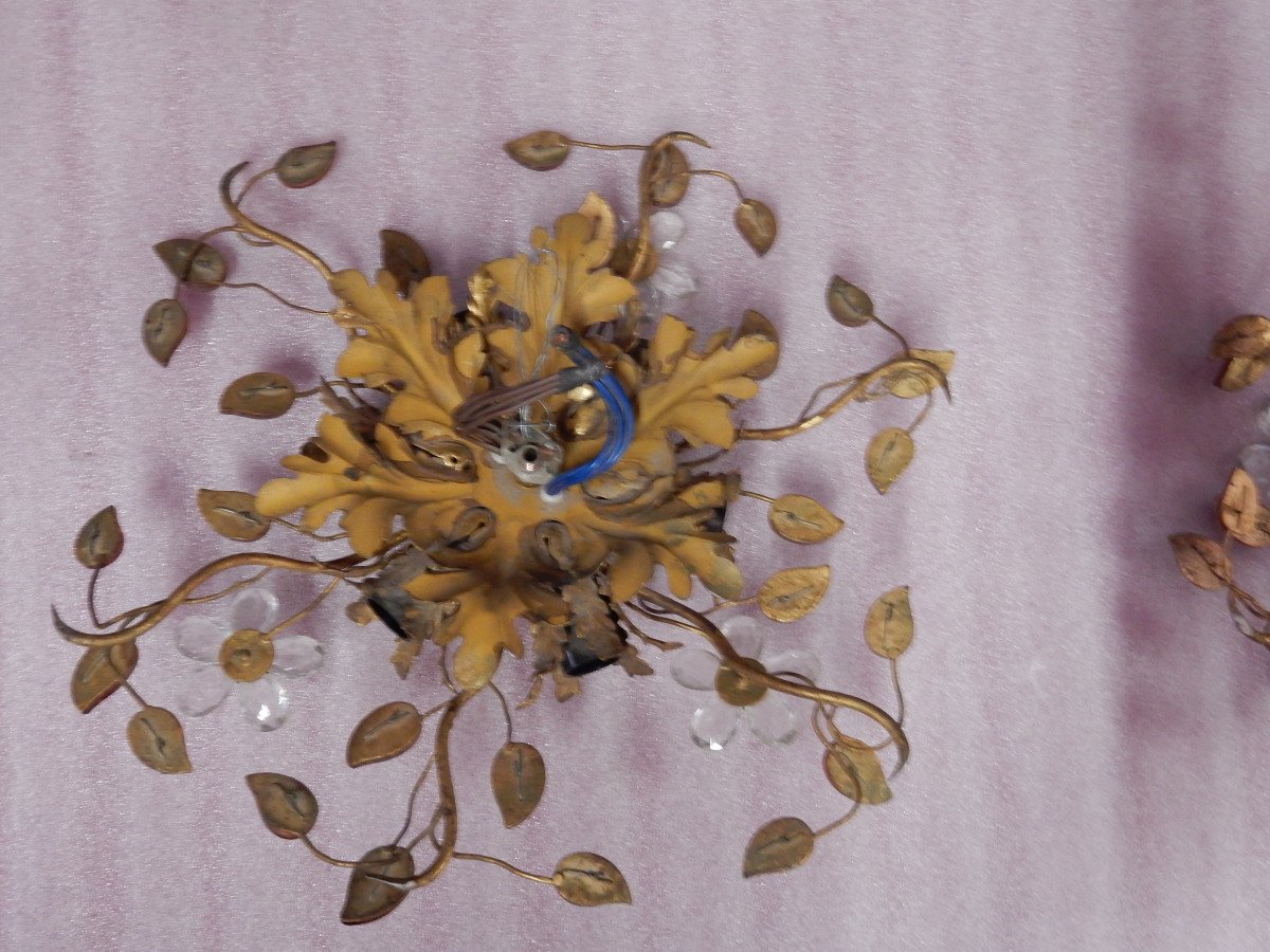 1970 ′ Pair Of Ceiling Lights Or Sconces Decorated With Flowers And Leaves Dlg M. Baguès Or Banci-photo-4