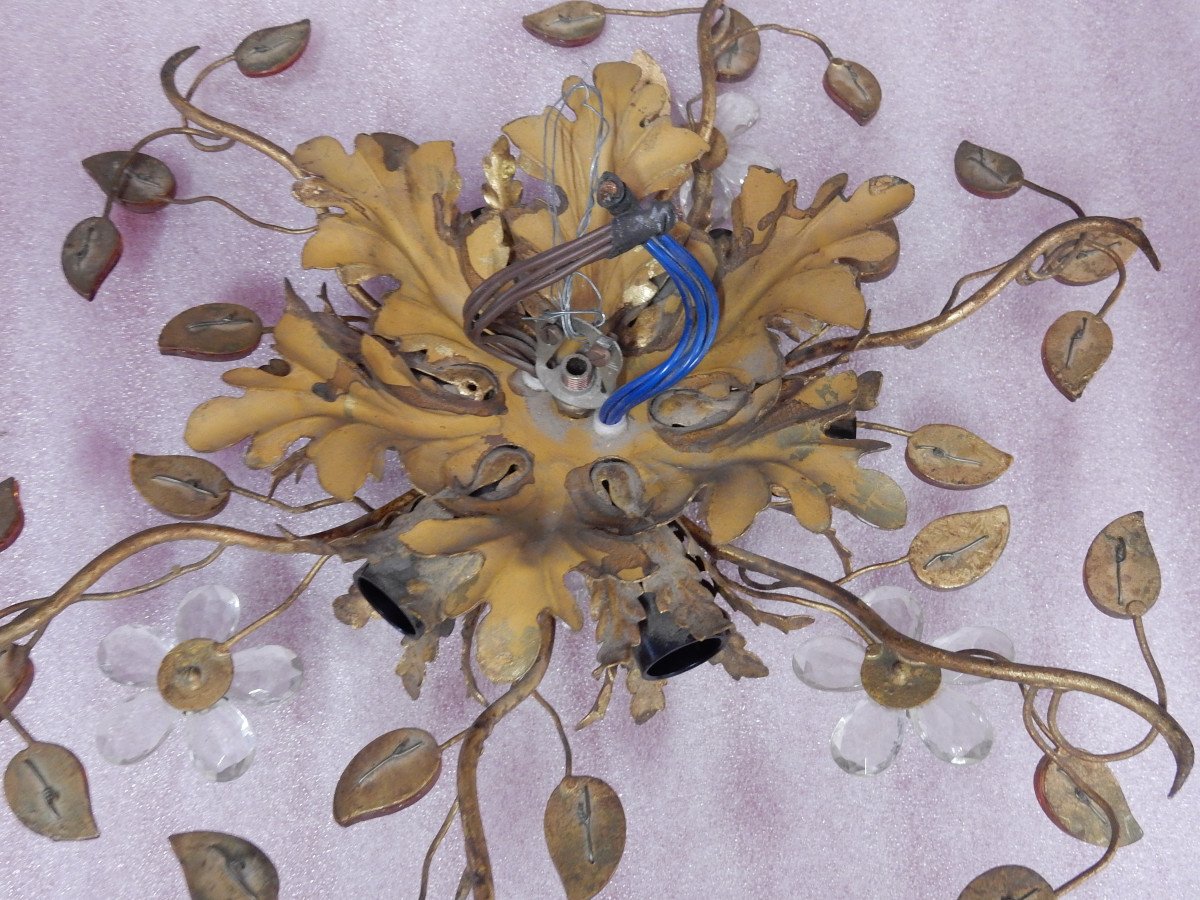 1970 ′ Pair Of Ceiling Lights Or Sconces Decorated With Flowers And Leaves Dlg M. Baguès Or Banci-photo-5