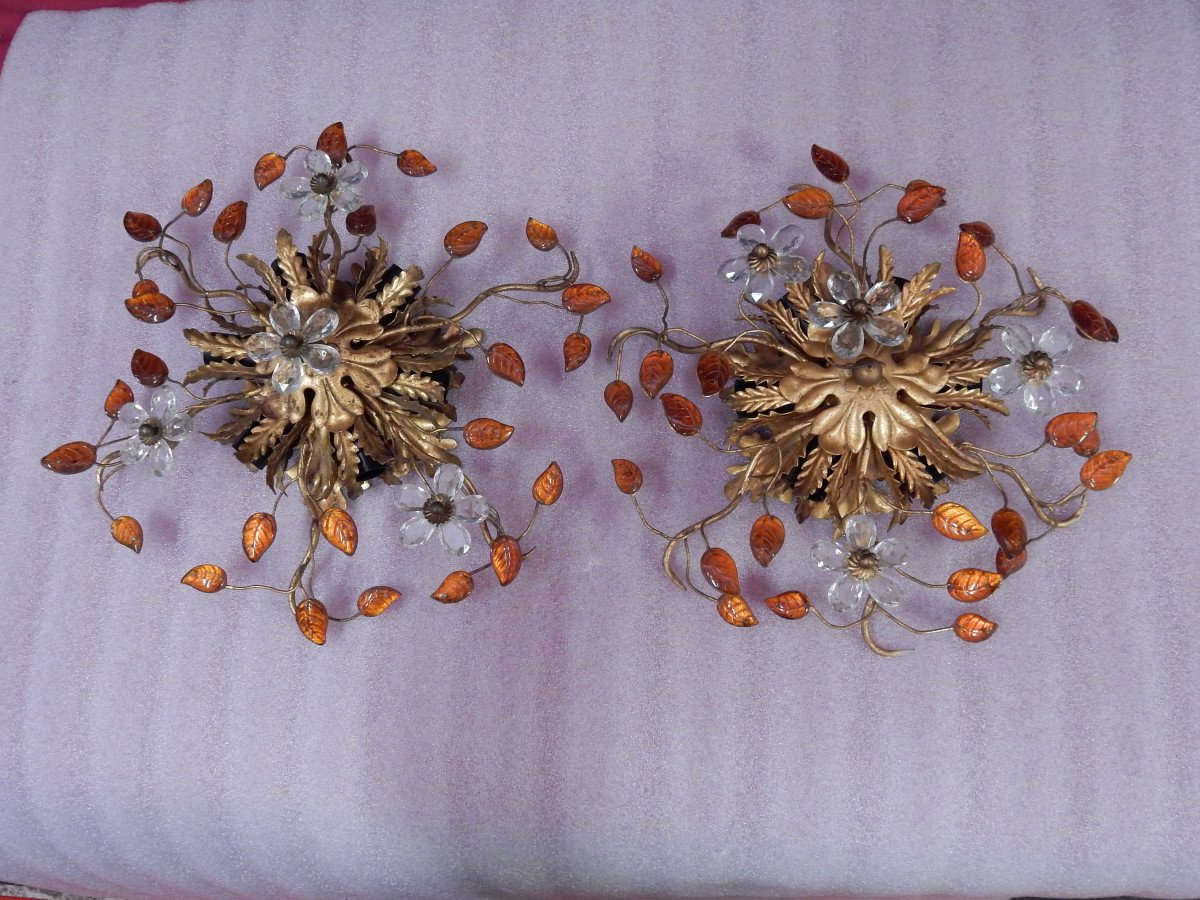 1970 ′ Pair Of Ceiling Lights Or Sconces Decorated With Flowers And Leaves Dlg M. Baguès Or Banci