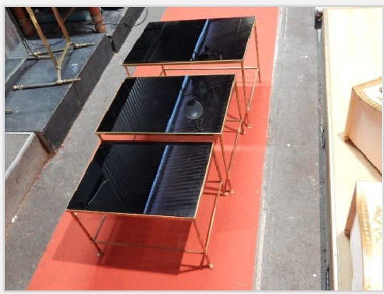 1970′ Série De Tables Gigognes Maison Baguès Modèle Bambou, 3 Plateaux Opaline Noire -67x46x45 -photo-3