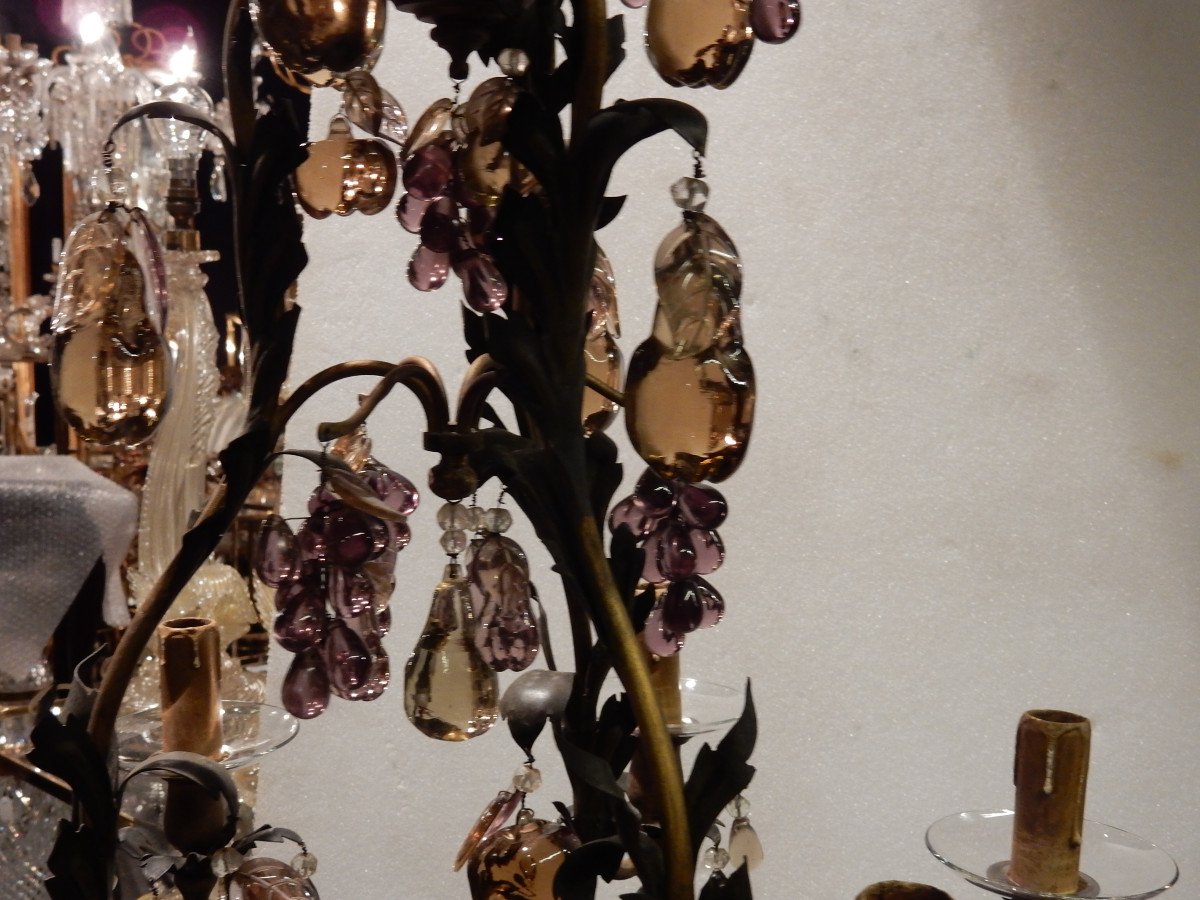 1970 ′ Cage Chandelier In Golden Brass Style Maison Baguès Leaves And Fruits In Colored Glass-photo-4