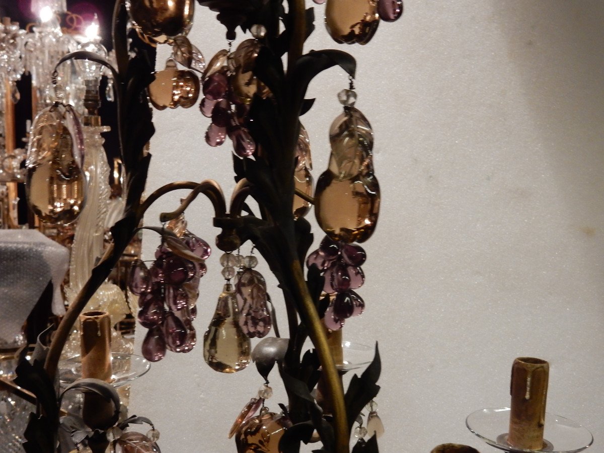 1970 ′ Cage Chandelier In Golden Brass Style Maison Baguès Leaves And Fruits In Colored Glass-photo-1