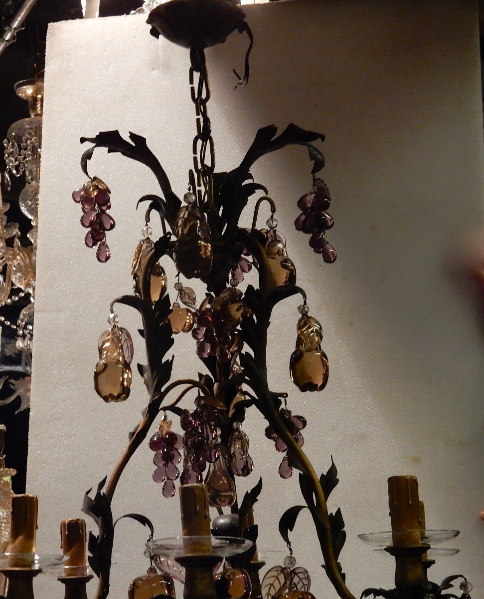 1970 ′ Cage Chandelier In Golden Brass Style Maison Baguès Leaves And Fruits In Colored Glass-photo-4