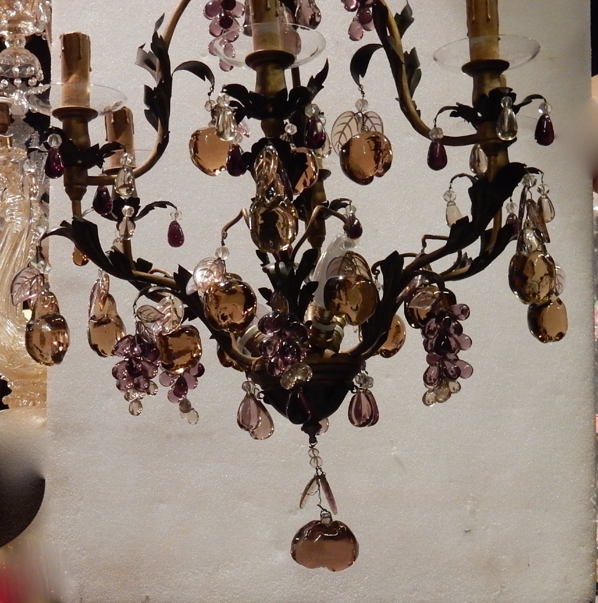 1970′ Lustre Cage En Laiton Doré Style Maison Baguès Feuilles Et Fruits En Verre Colorés-photo-5