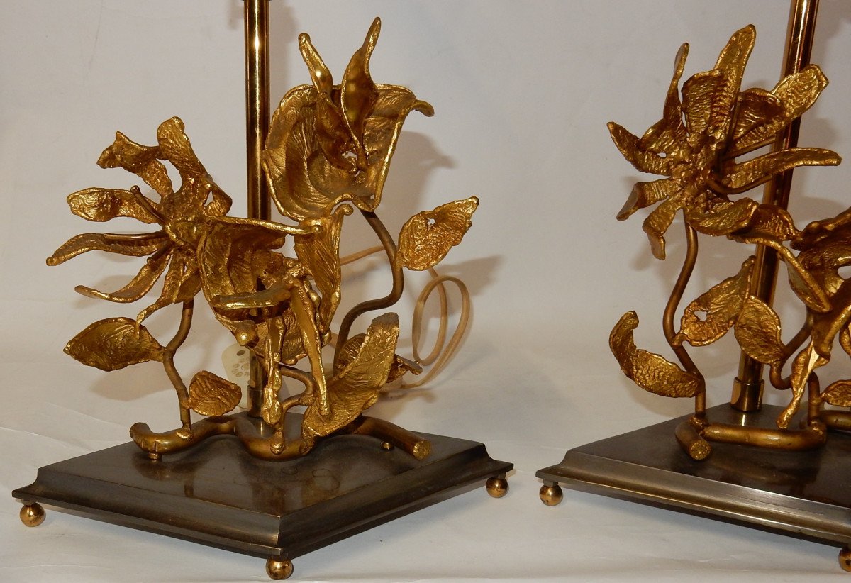 1950/70 Paire De Lampes Aux Orchidées En Bronze Argenté Et Doré Dlg Maison Charles Ou Jansen-photo-3