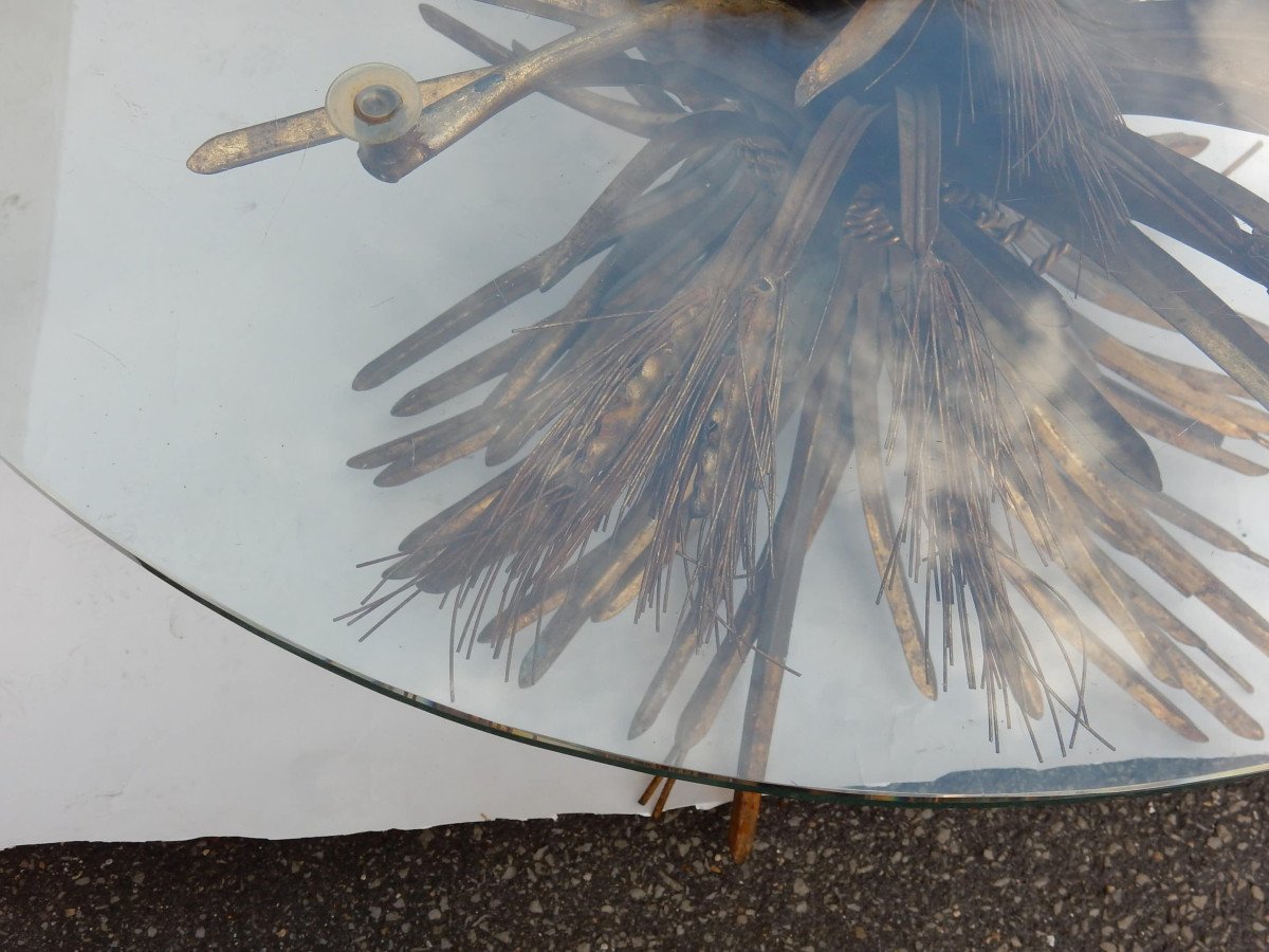 1970 ′ Pedestal Or Coffee Table Gerbe De Blé Style Ysl Golden Metal-photo-3