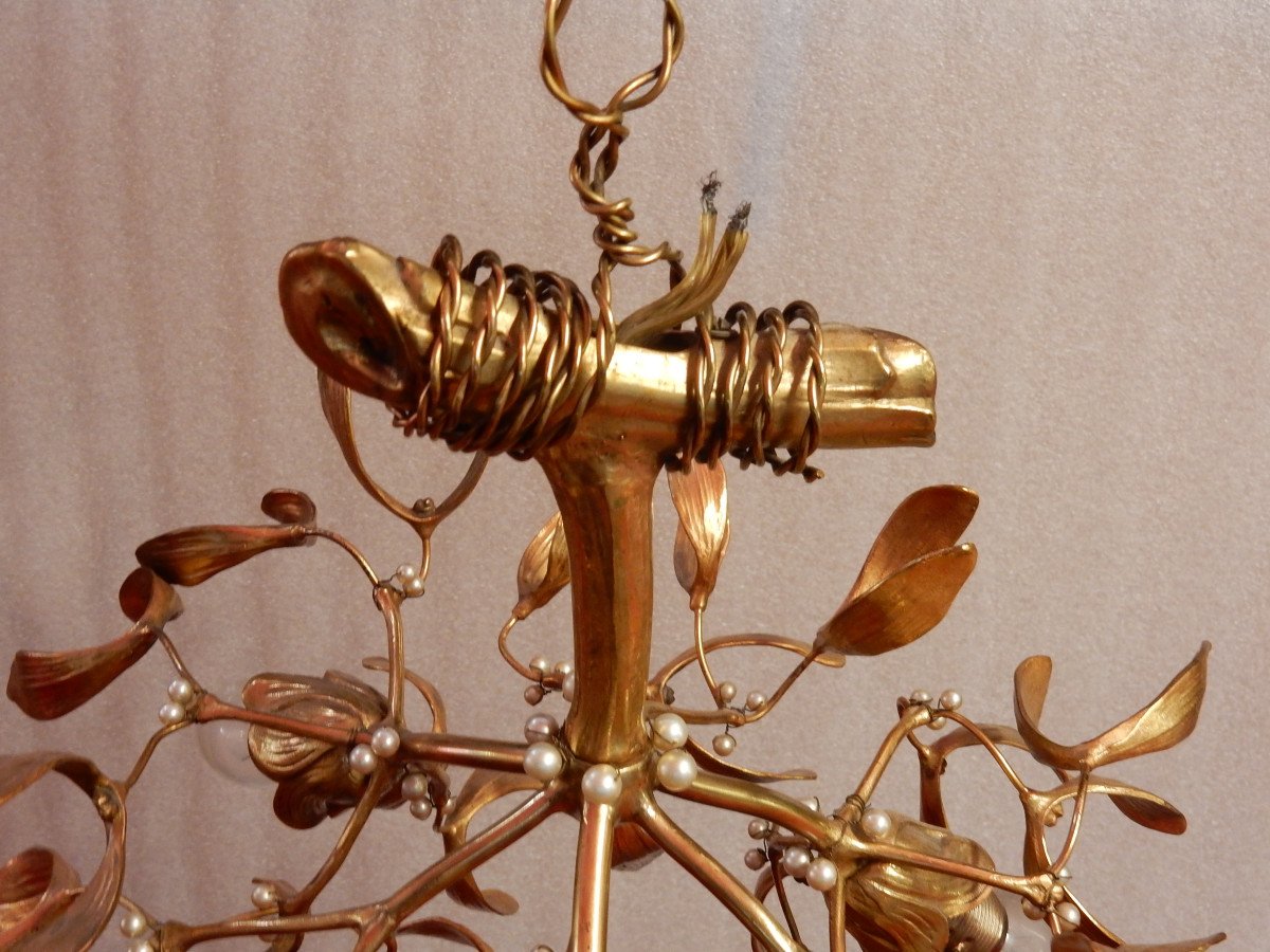 1900 ′ Boule De Gui Chandelier In Bronze Art Nouveau Has 3 Sockets In The Shape Of Tulips D 43 Cm-photo-2