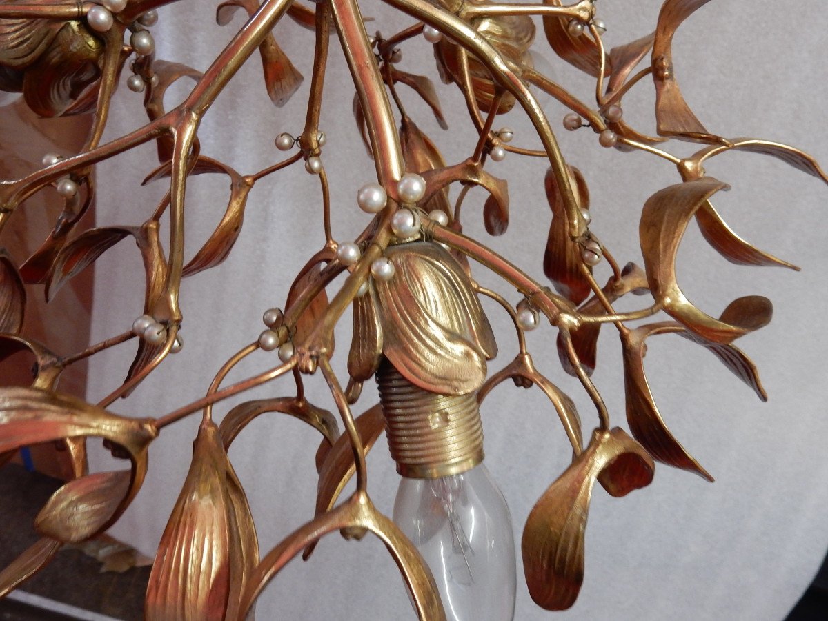 1900′ Lustre Boule De Gui En Bronze Art Nouveau A 3 Lampes Douilles En Forme De Tulipes D 43 Cm-photo-6