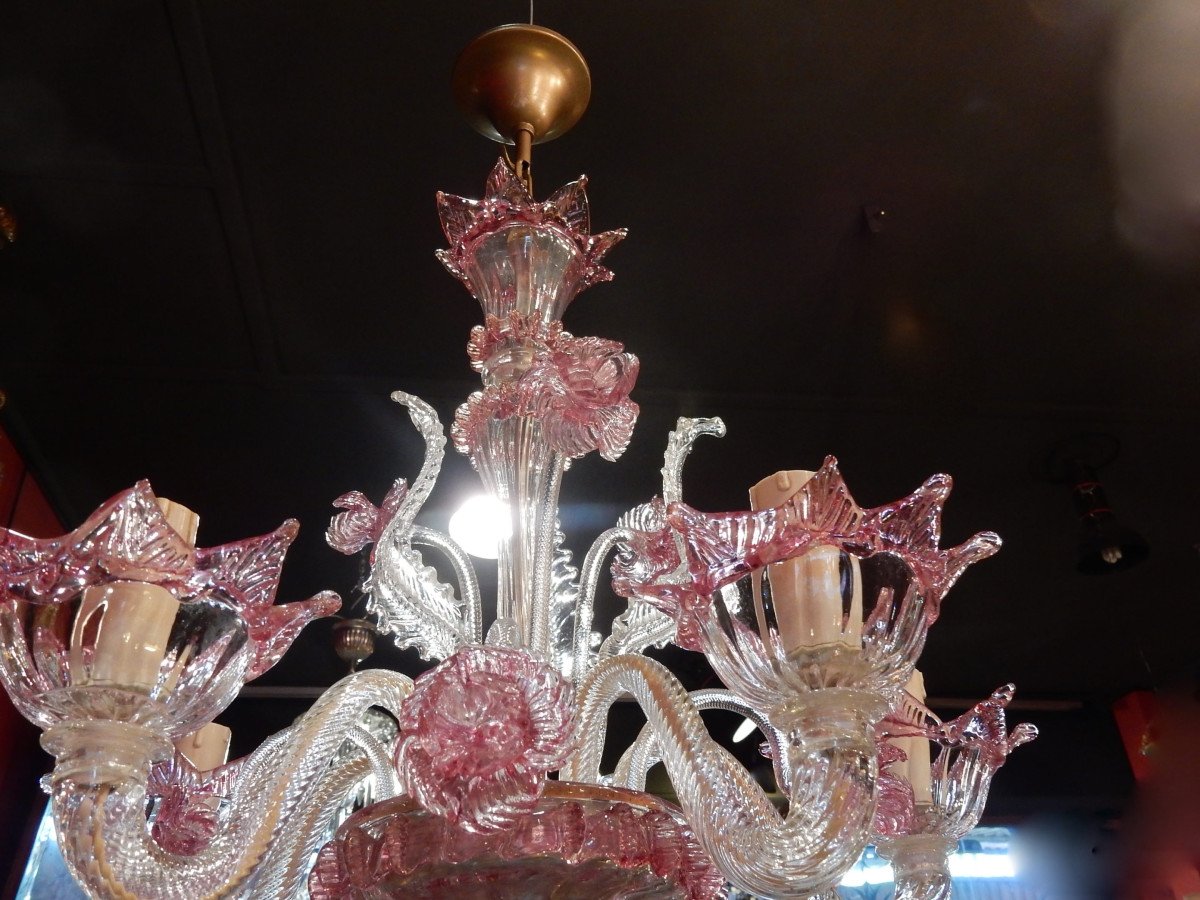 1950/70 Paire De Lustres Murano 5 Bras Cristal Naturel Et Cristal Couleur Rose-photo-4