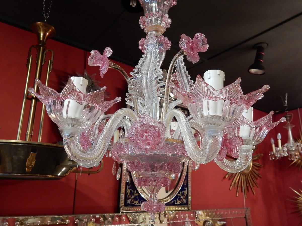 1950/70 Paire De Lustres Murano 5 Bras Cristal Naturel Et Cristal Couleur Rose-photo-3