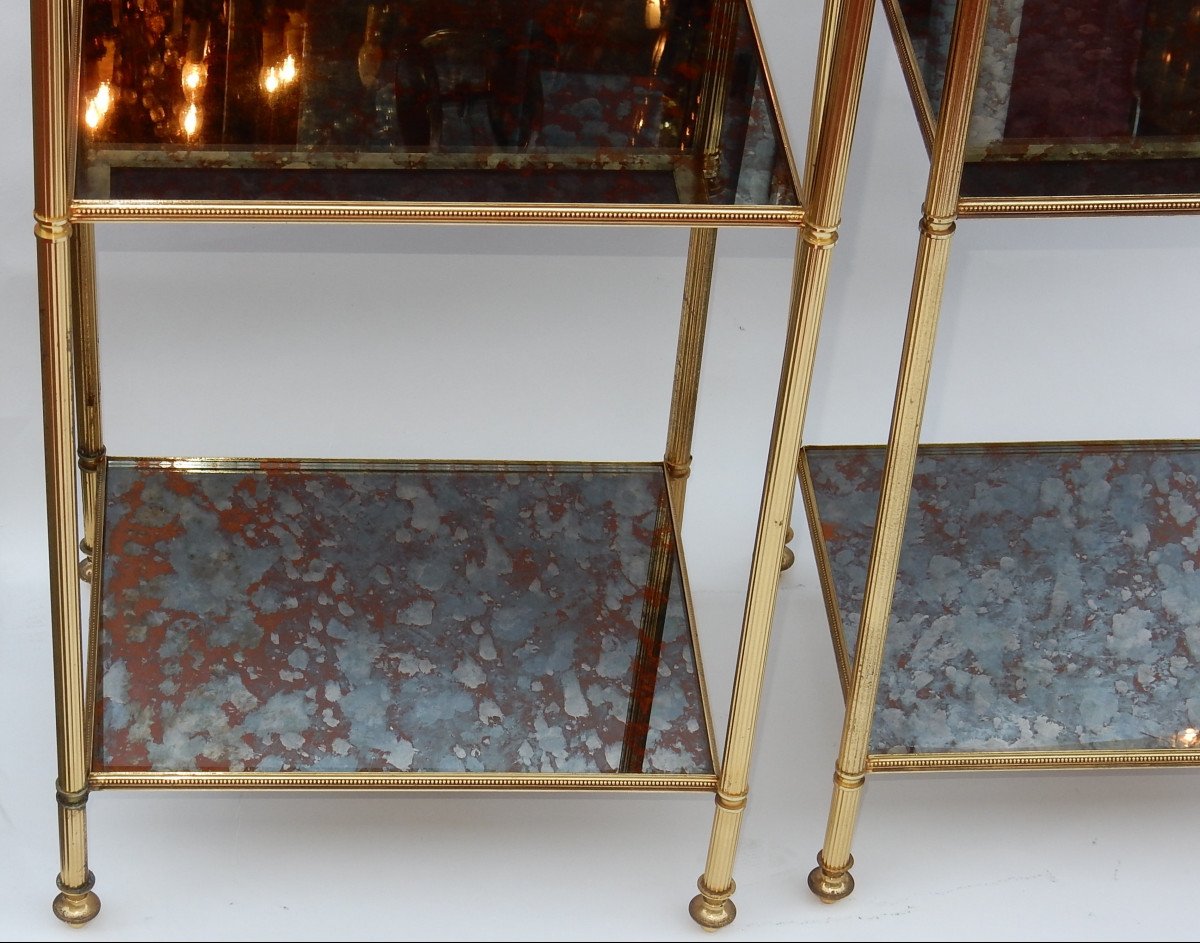 1950/70 ′ Pair Of 3 Tier Brass Shelves Maison Baguès Aged Oxidized Mirrored Trays-photo-4