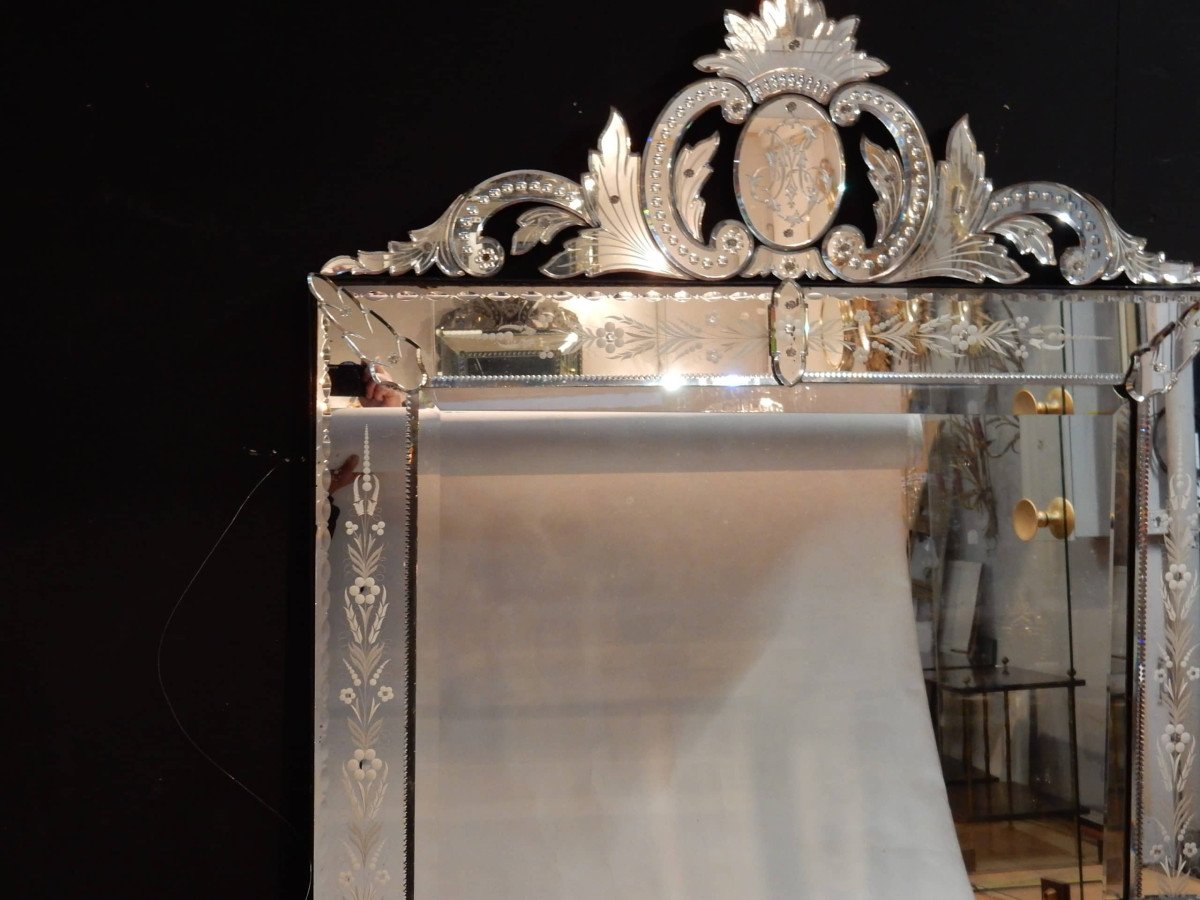 1900 'venetian Mirror With Floral Decor And Pediment - 173 X 101 Cm-photo-4