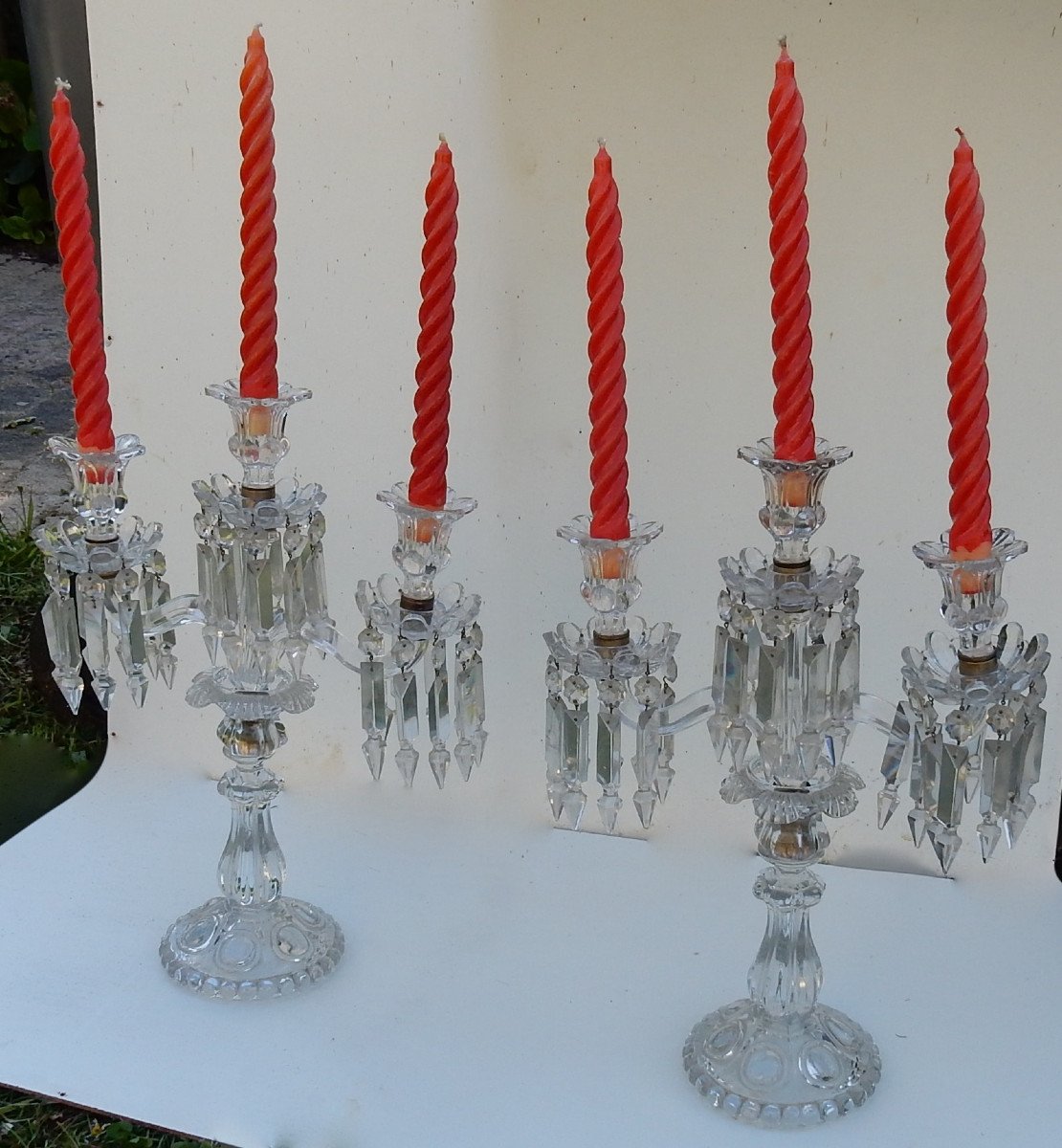 1950 ′ Pair Of Candlesticks With 2 Branches Beaded Sockets And Signed Baccarat Relief