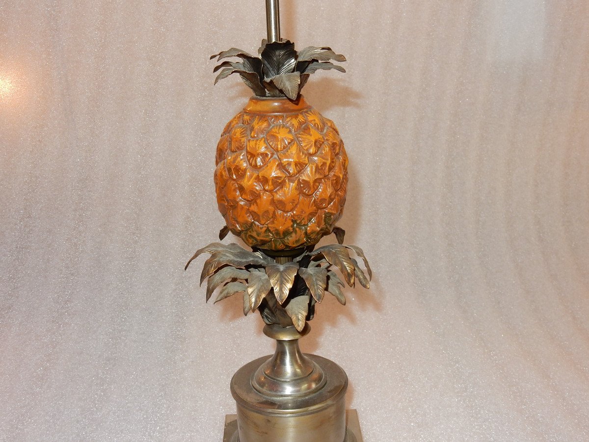 1950/70 Lampe à L’ananas En Bronze Argenté, Abat-jour En Métal, Signée Charles, Made In France-photo-2