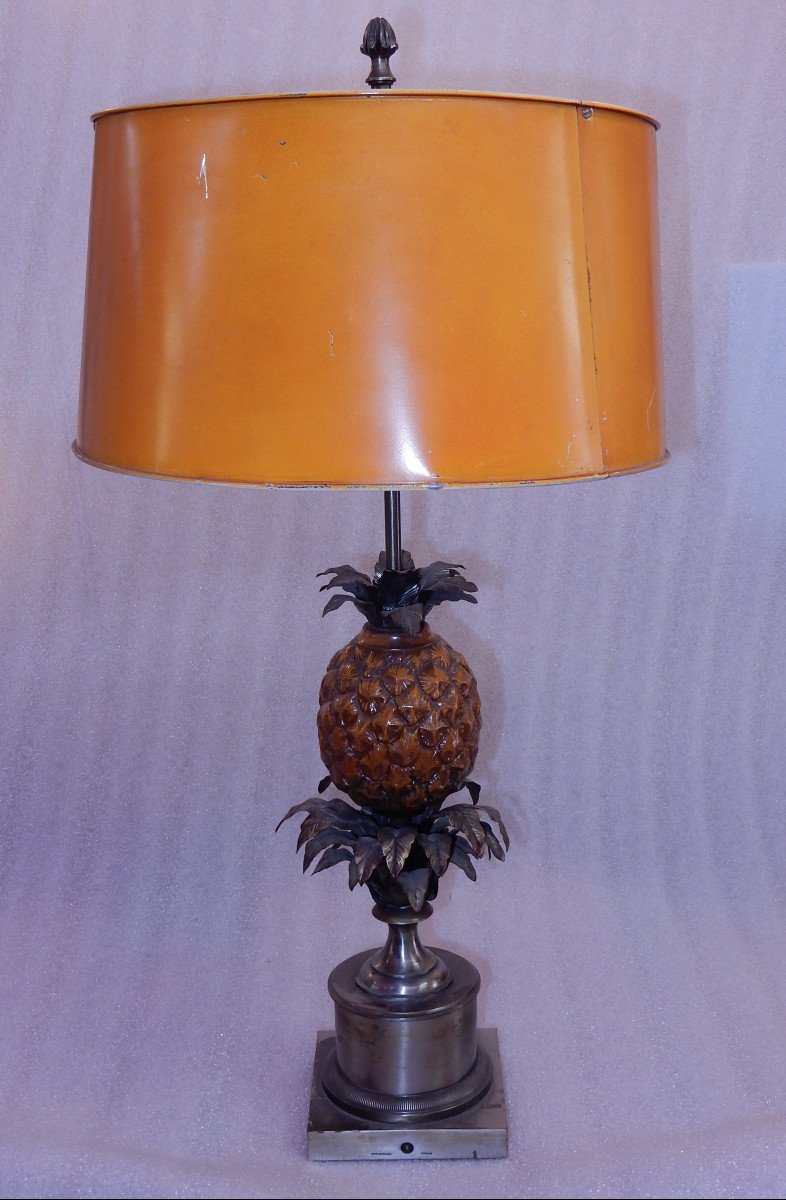 1950/70 Pineapple Lamp In Silver Bronze, Metal Shade, Signed Charles, Made In France