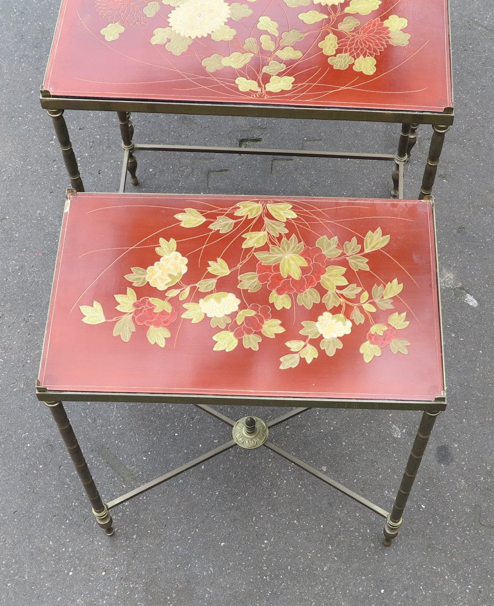 1970' Tables Gigognes Dlg Maison Jansen Déco Bambou En Bronze Doré Plateaux Avec Laque De Chine-photo-3