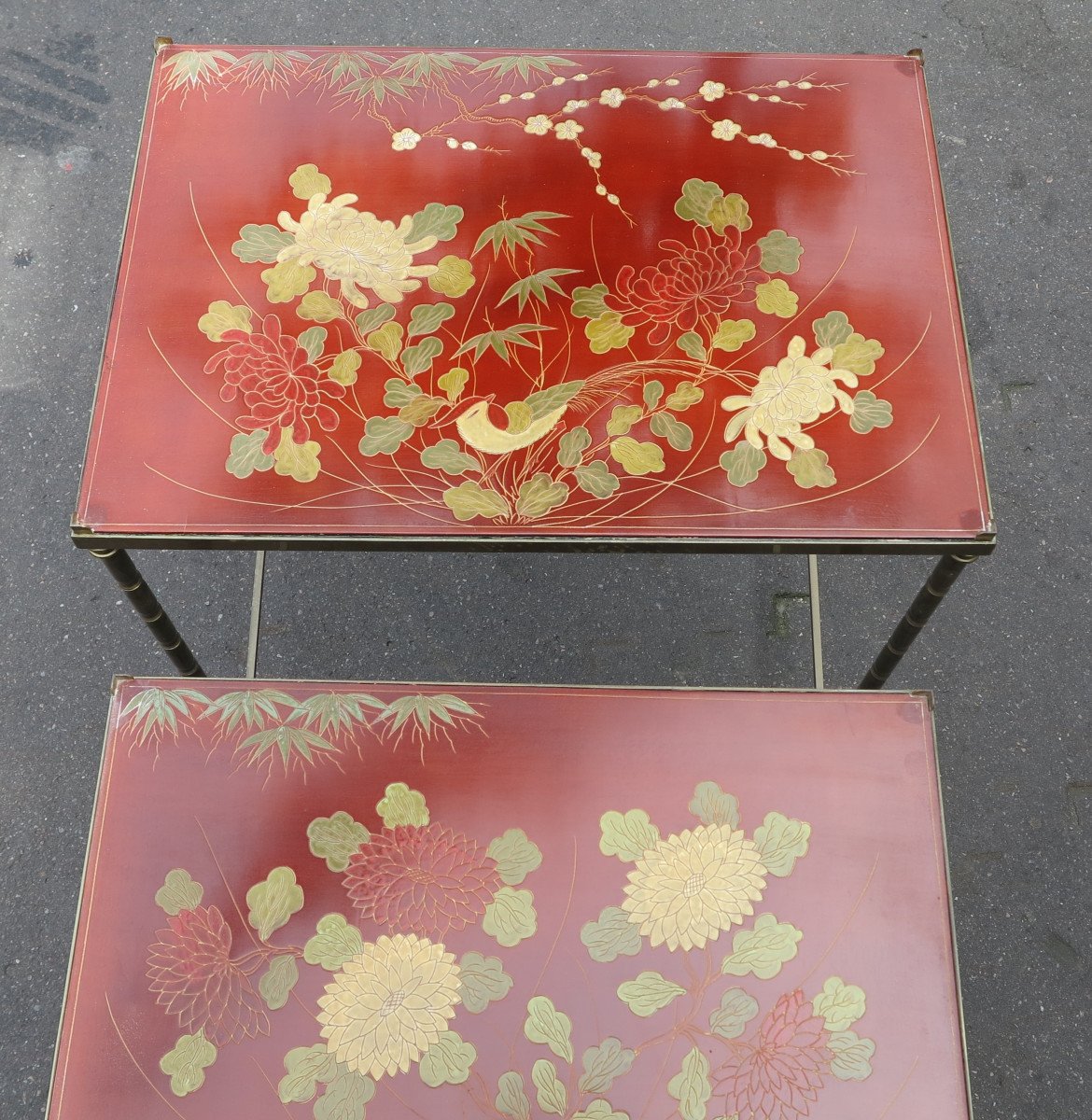 1970' Tables Gigognes Dlg Maison Jansen Déco Bambou En Bronze Doré Plateaux Avec Laque De Chine-photo-1