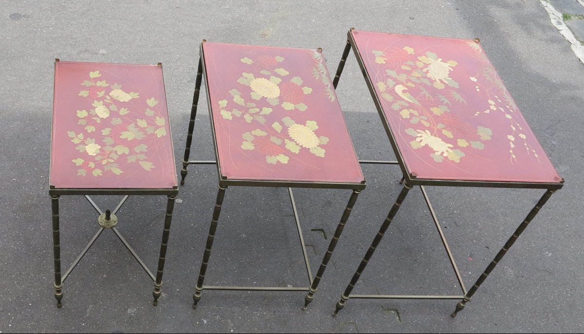 1970' Tables Gigognes Dlg Maison Jansen Déco Bambou En Bronze Doré Plateaux Avec Laque De Chine-photo-2