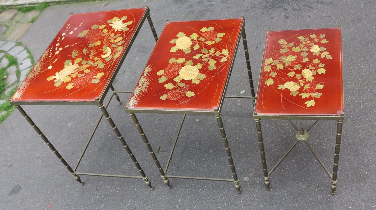 1970' Tables Gigognes Dlg Maison Jansen Déco Bambou En Bronze Doré Plateaux Avec Laque De Chine-photo-4