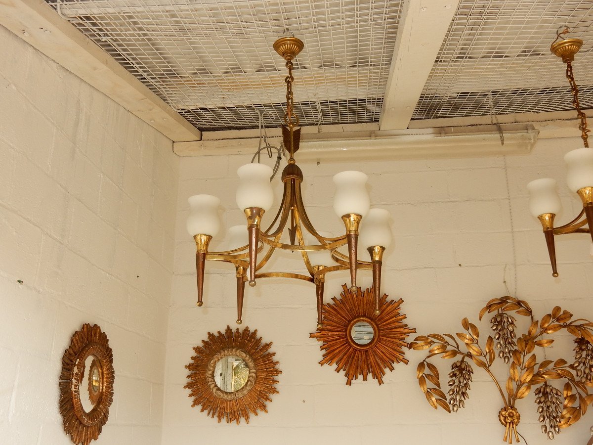 1950 ′ Bronze And Brass Chandelier With Arrow Arbus Style Or Maison Jansen 6 Lights-photo-2