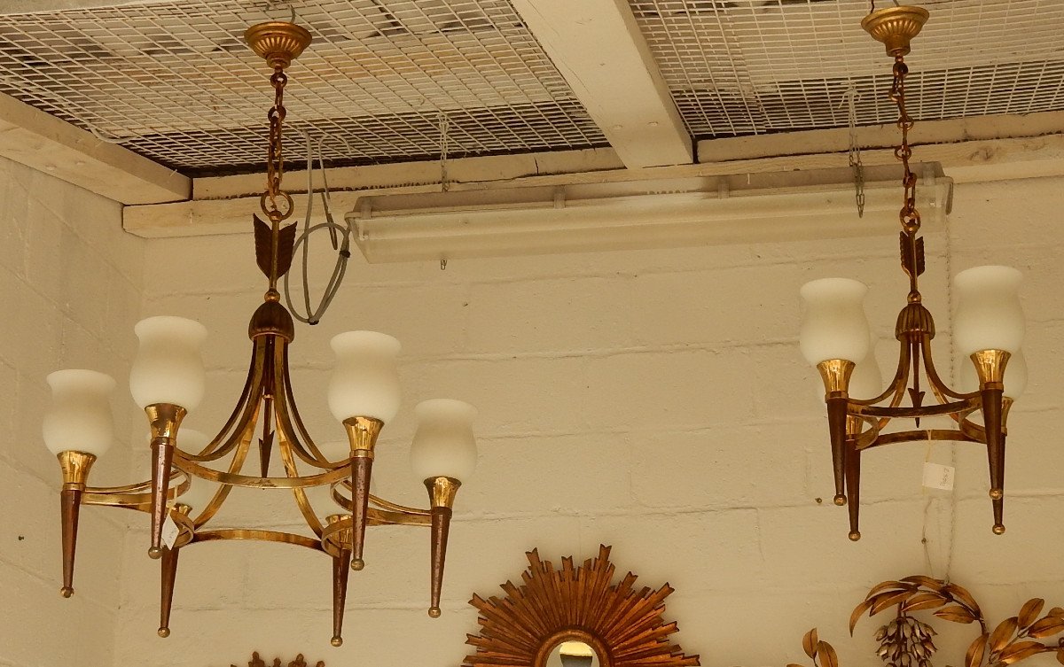 1950 ′ Bronze And Brass Chandelier With Arrow Arbus Style Or Maison Jansen 6 Lights-photo-3
