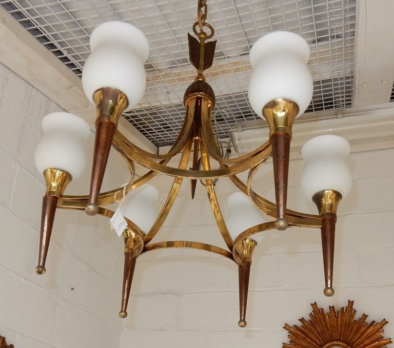 1950′ Lustre Bronze Et Laiton Avec Flèche Style Arbus Ou Maison Jansen 6 Lampes