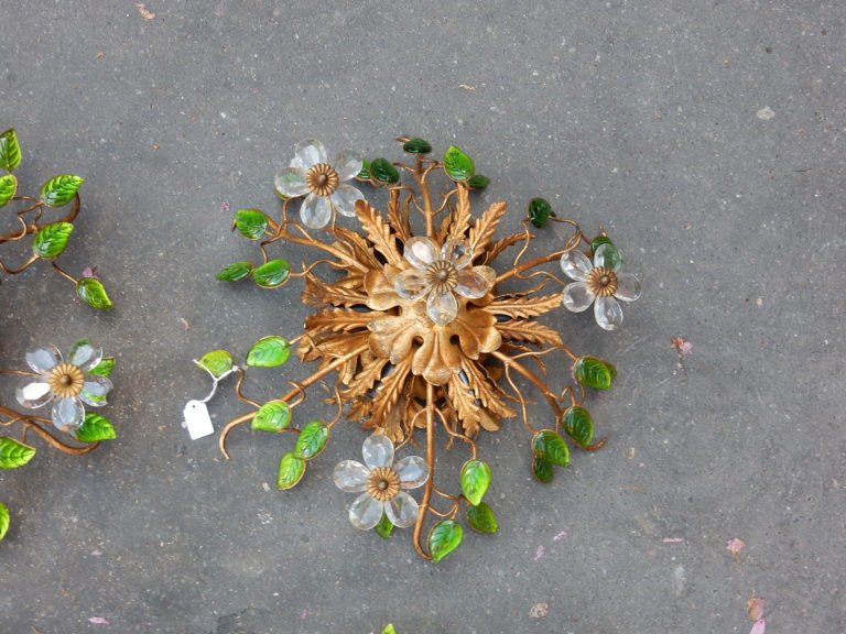 1970 'series Of 2 Wall Lights Decorated With Flowers And Leaves In Golden Metal And Green Glass-photo-4