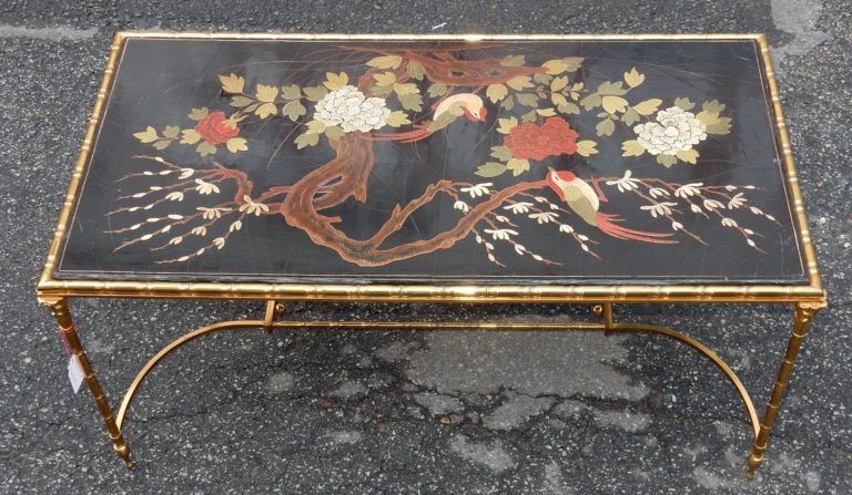 1950/70 ′ Bronze Coffee Table Palm Tree Decor, Chinese Lacquer Top Style Maison Baguès-photo-2