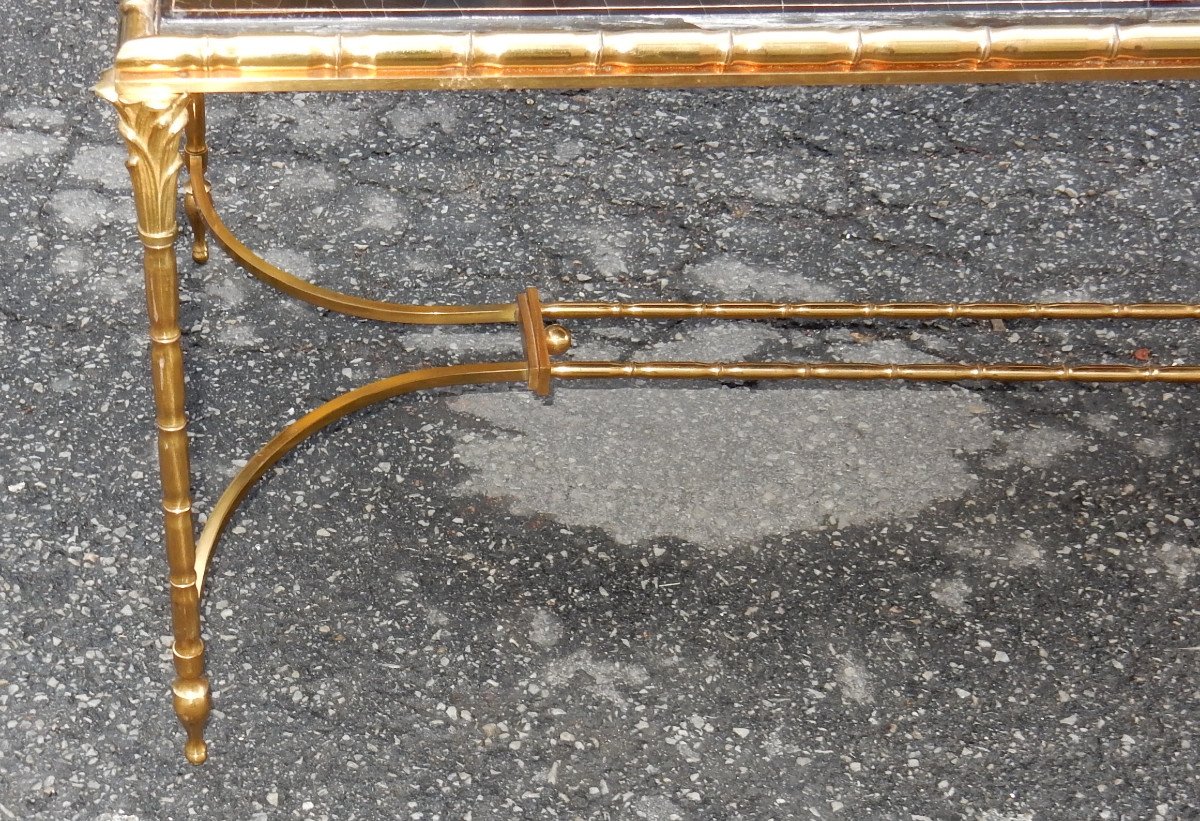 1950/70 ′ Bronze Coffee Table Palm Tree Decor, Chinese Lacquer Top Style Maison Baguès-photo-4