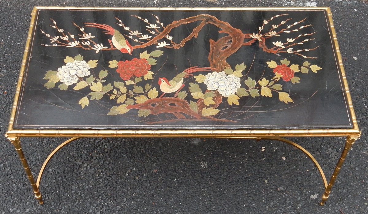 1950/70 ′ Bronze Coffee Table Palm Tree Decor, Chinese Lacquer Top Style Maison Baguès-photo-3