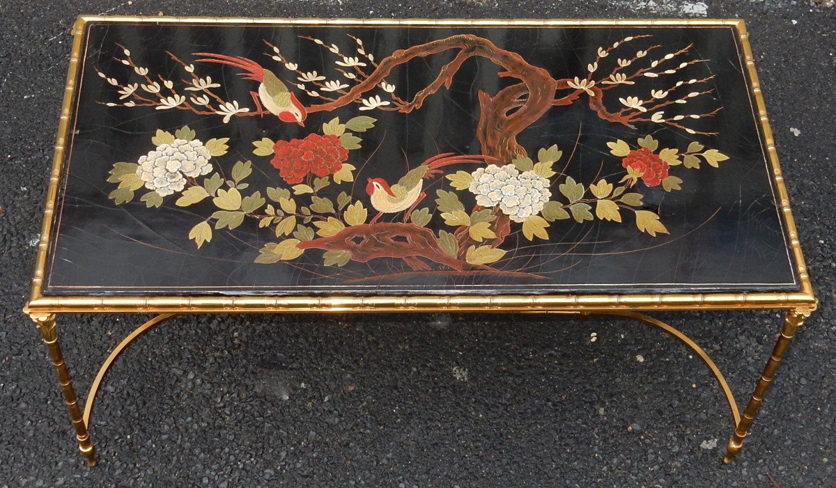 1950/70 ′ Bronze Coffee Table Palm Tree Decor, Chinese Lacquer Top Style Maison Baguès