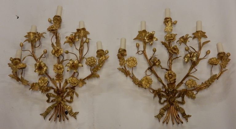 1880′ Paire D’appliques En Bronze Doré à Décor Floral 5 Bras De Lumière-photo-2