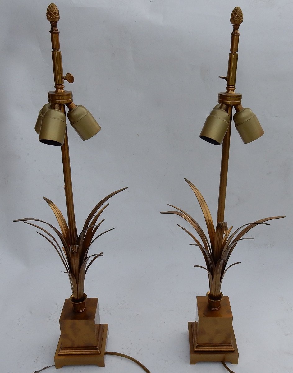 1950/70 Pair Of Lamps With Reeds In Brass And Gilt Bronze Signed Charles